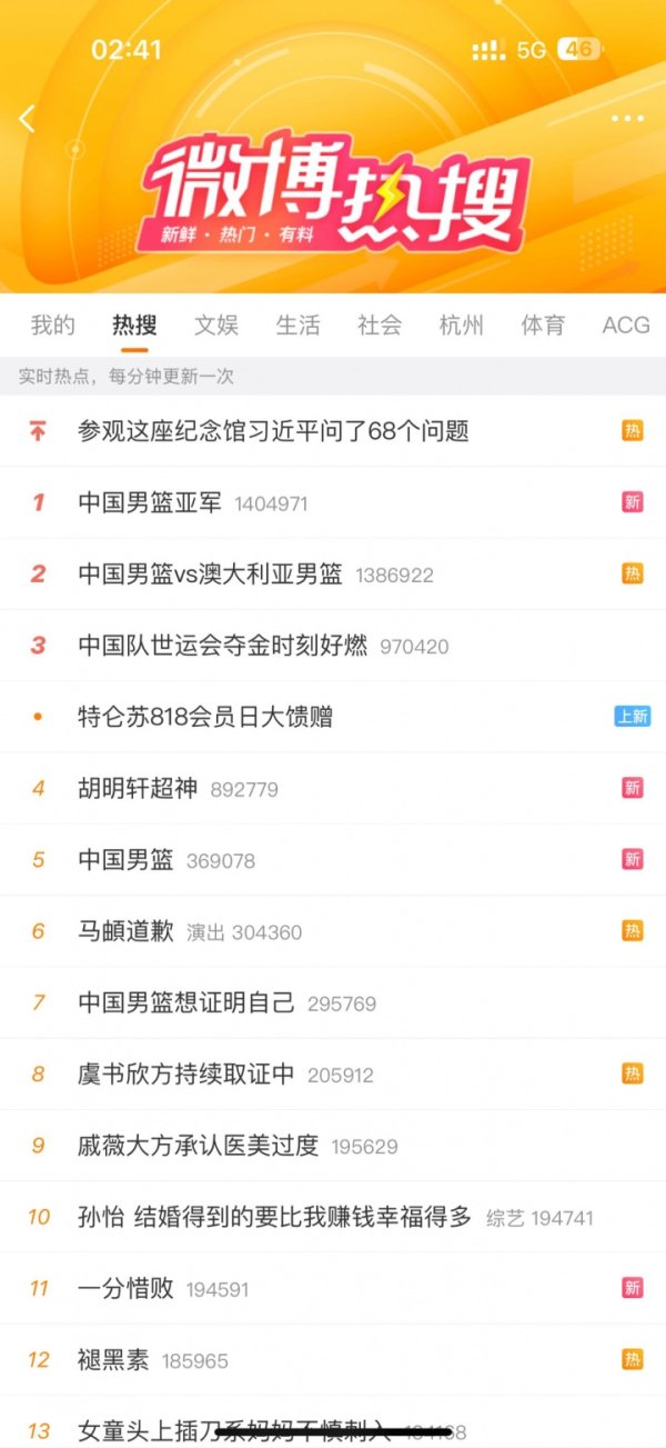 来自全国人民的认可！中国男篮冲上热搜榜第一并包揽前五词条！