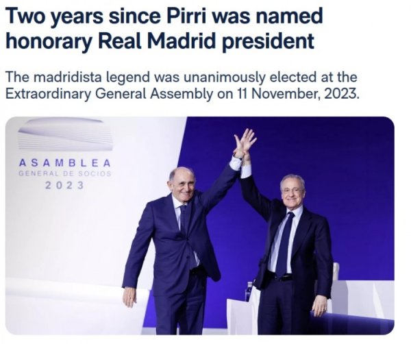 皮里担任皇马荣誉主席已满两周年，皇马官方发文纪念